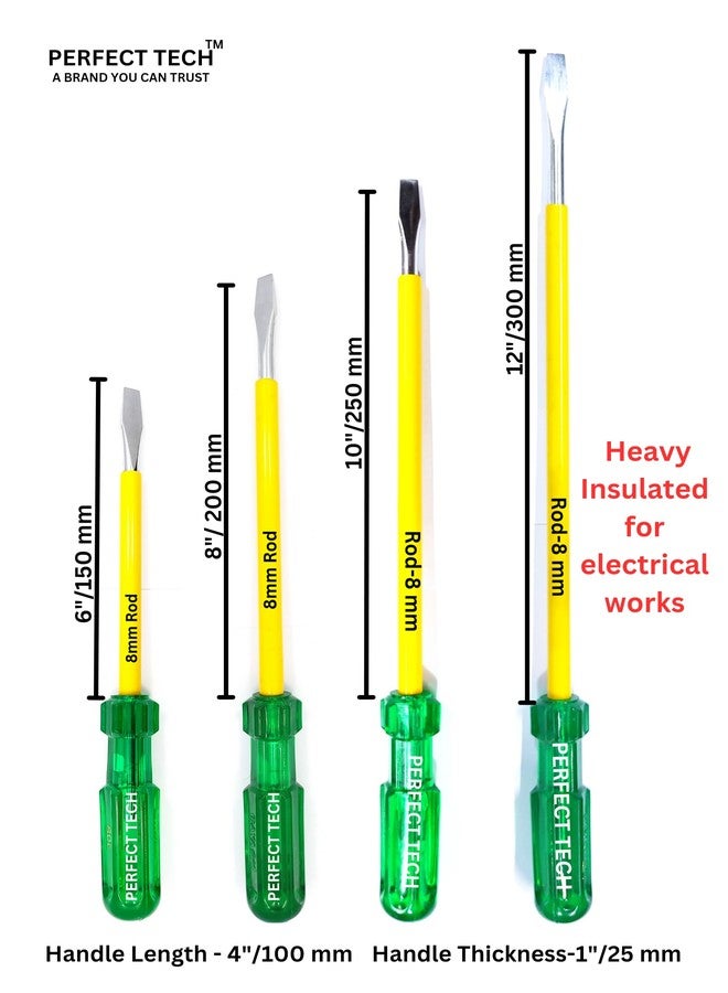 PERFECT TECH Pack of 4 Pcs Flat Head 8 mm Screwdriver | Steel 2 in 1 Screw Driver | Wlectrical Works | Hand Tools | Screwdriver Set Tools Kit | Green & Yellow (Rod Length - 6,8,10 &12 Inch) - Image 3